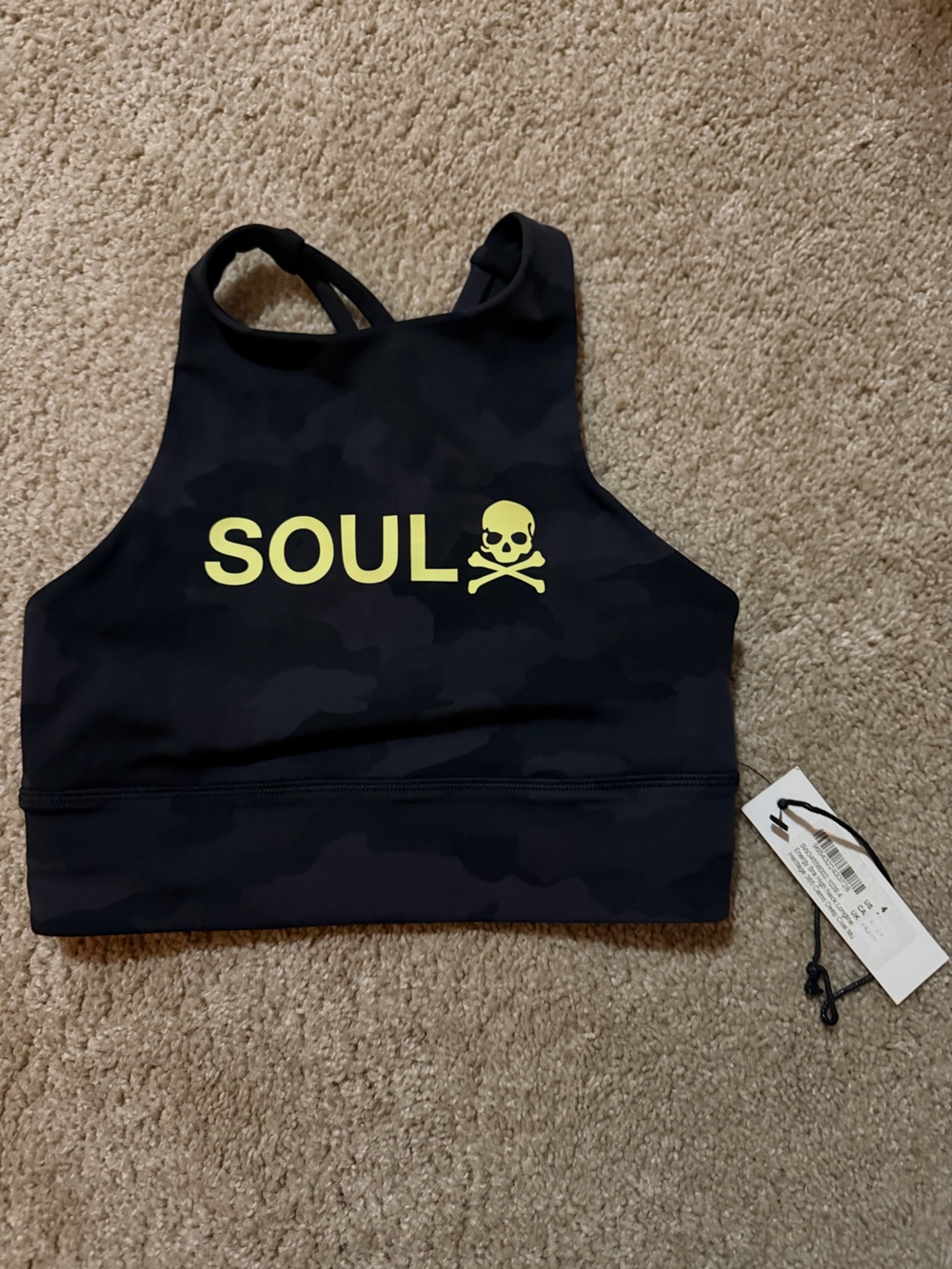 soulcycle Lululemon Black Camo Sports Bra with Neon Yellow Logo NWT